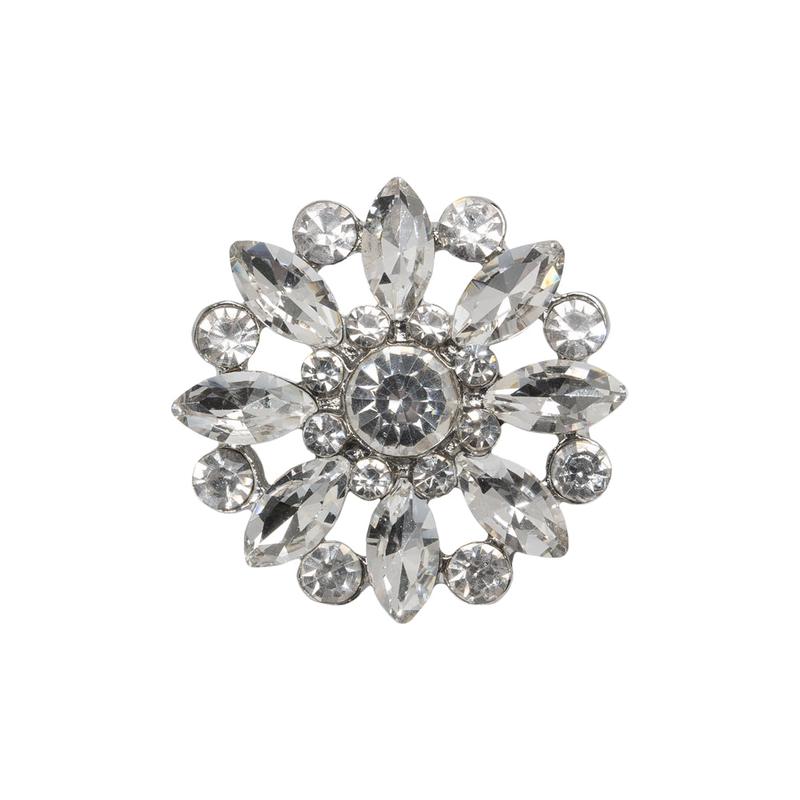 Rhinestone and Metal Shank Back Button - 38L/24mm - Crystal and Nickel-Free Silver Open Flower